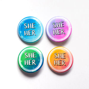 She/her pronoun buttons