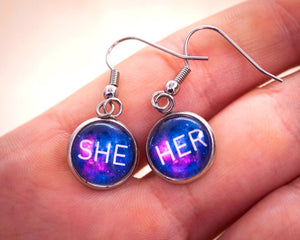 lgbtq she her pronoun dangle earrings