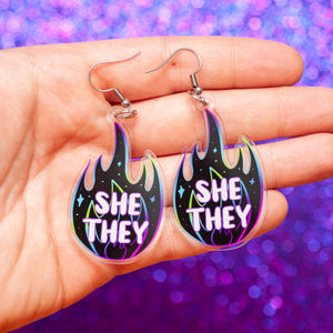 She/They acrylic pronoun earrings