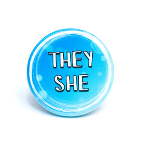 They/she pronoun buttons