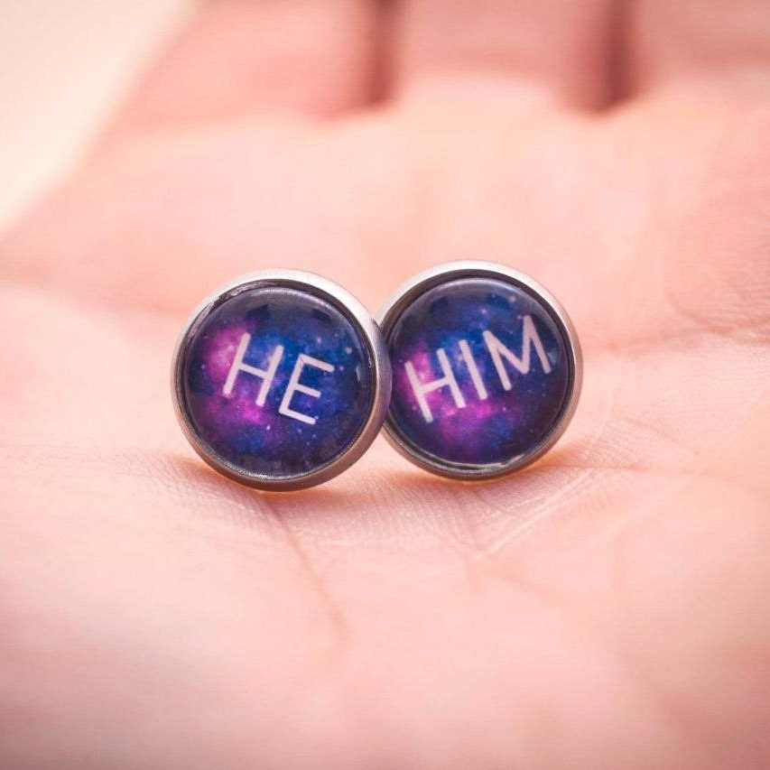 lgbtq he him pronoun stud earrings
