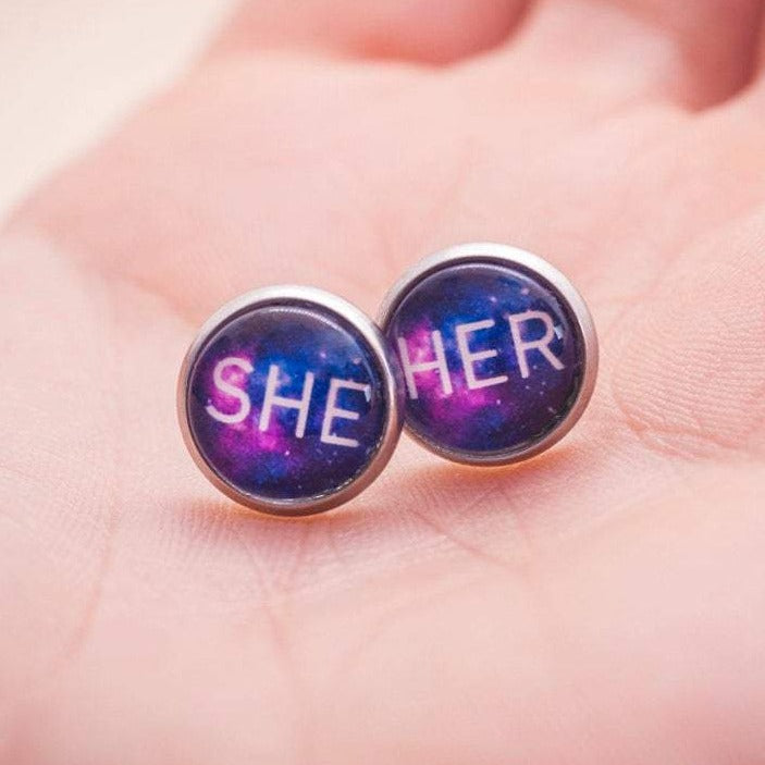 lgbtq she her pronoun stud earrings